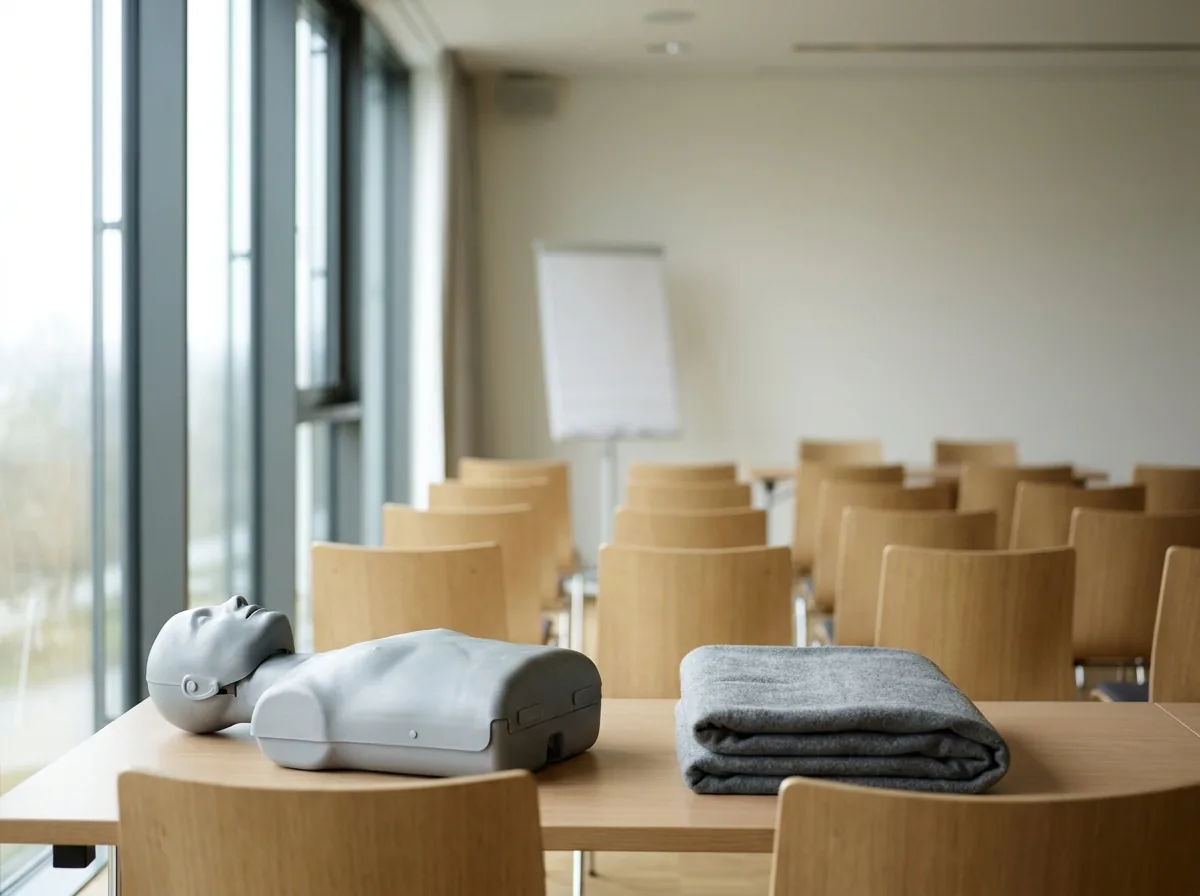 Schulungsraum mit vorbereiteten Arbeitsplätzen für einen Erste-Hilfe-Kurs
