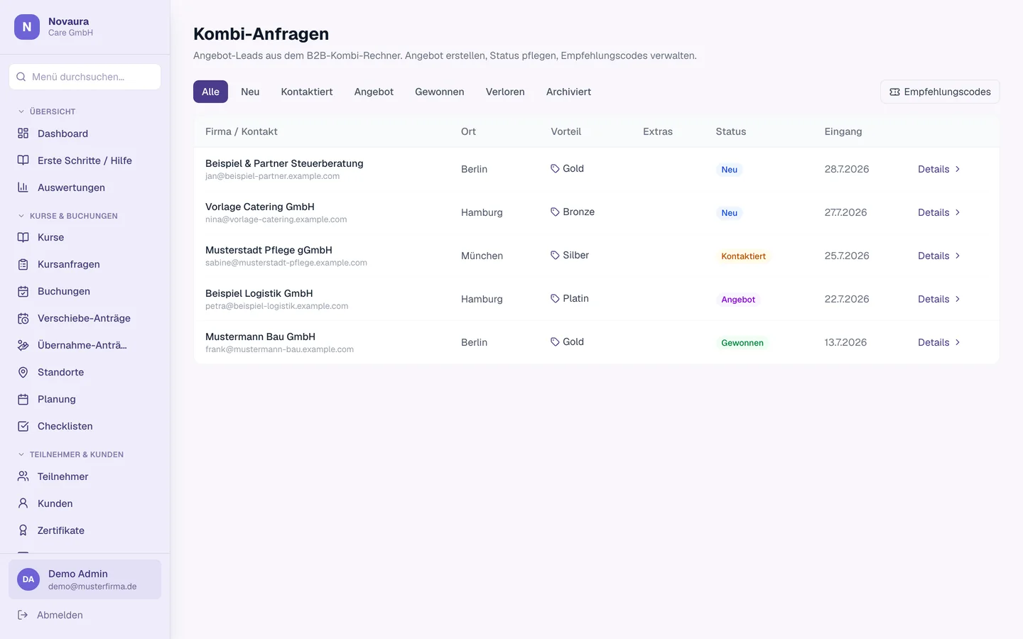 Kombi-Anfragen: Firmenanfragen als Leadliste mit Status und Auftragswert.