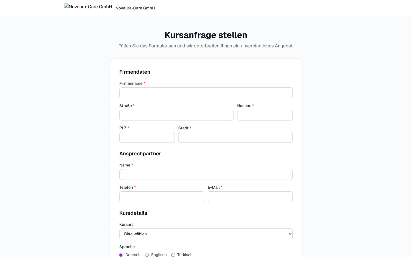 Öffentliches Kursanfrage-Formular mit Firmendaten, Ansprechpartner und Kursdetails