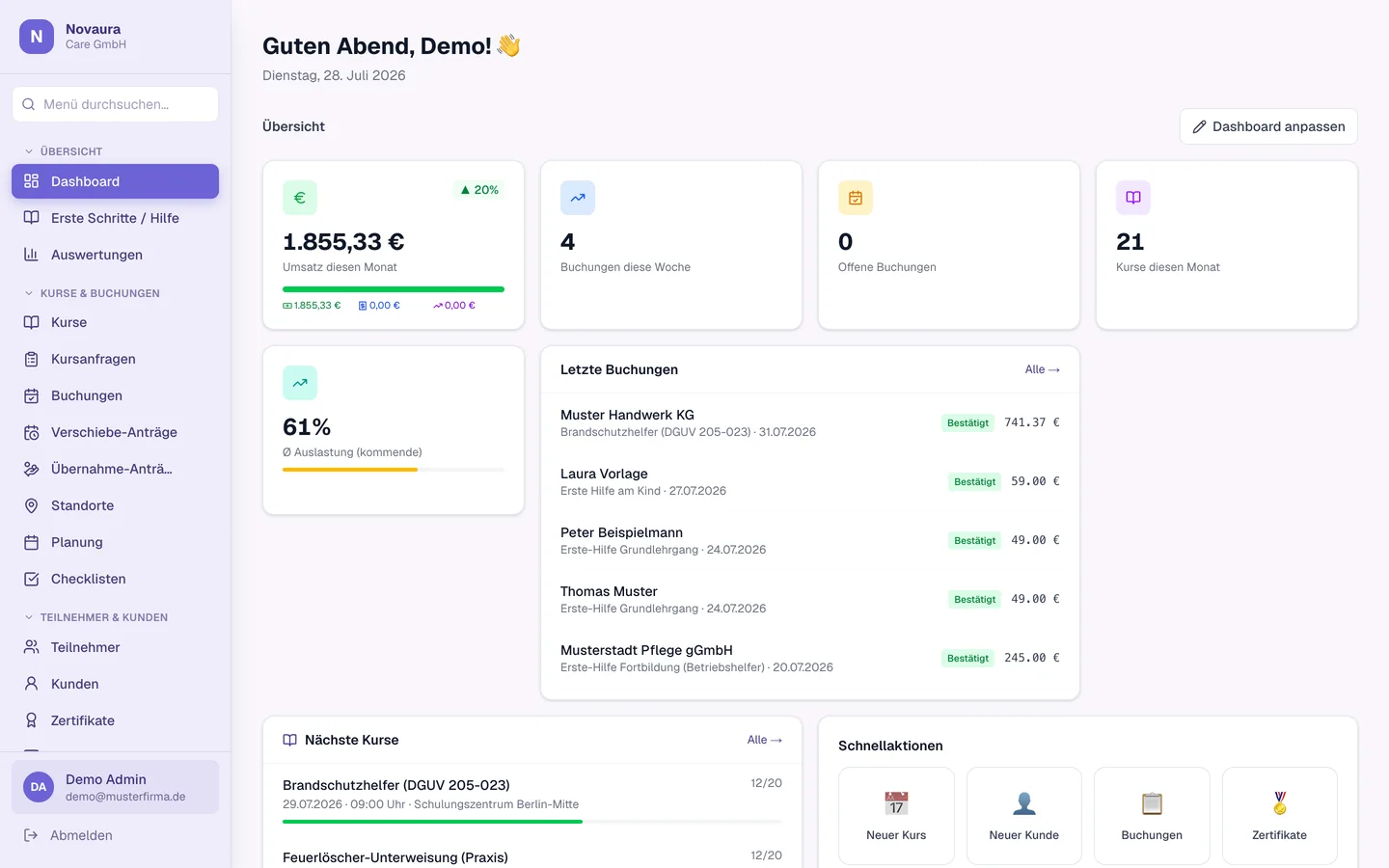 Dashboard mit Monatsumsatz, Buchungen der Woche, Kursen des Monats, Auslastung sowie den letzten Buchungen und nächsten Kursen