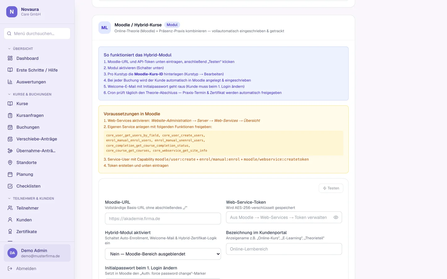 Moodle- und Hybrid-Kurs-Einstellungen mit Web-Service-Token und Kursbereich