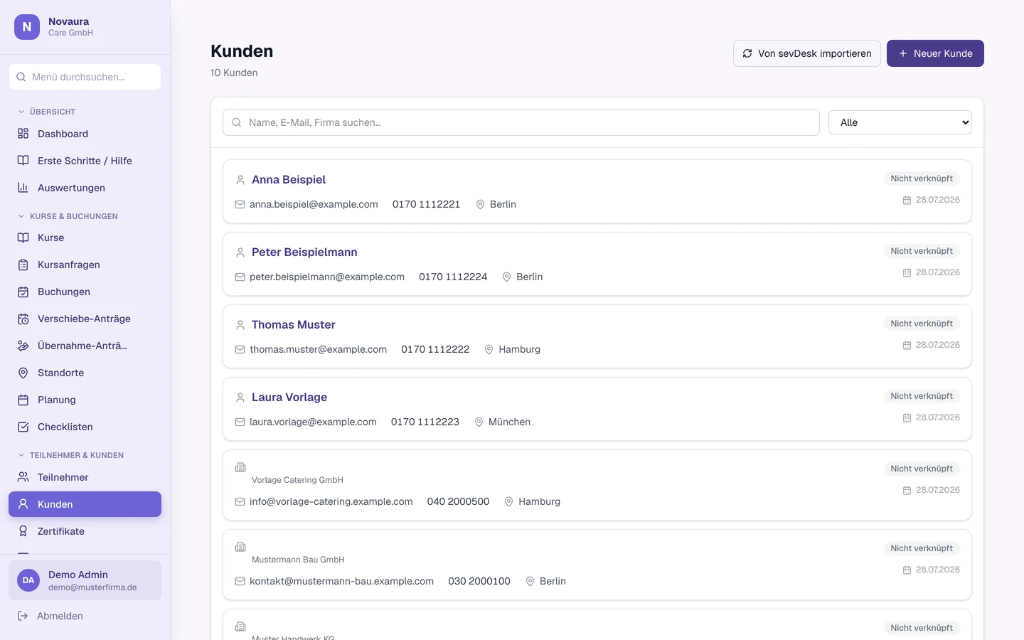 Kunden: Firmen und Privatkunden mit vollständiger Kurshistorie.