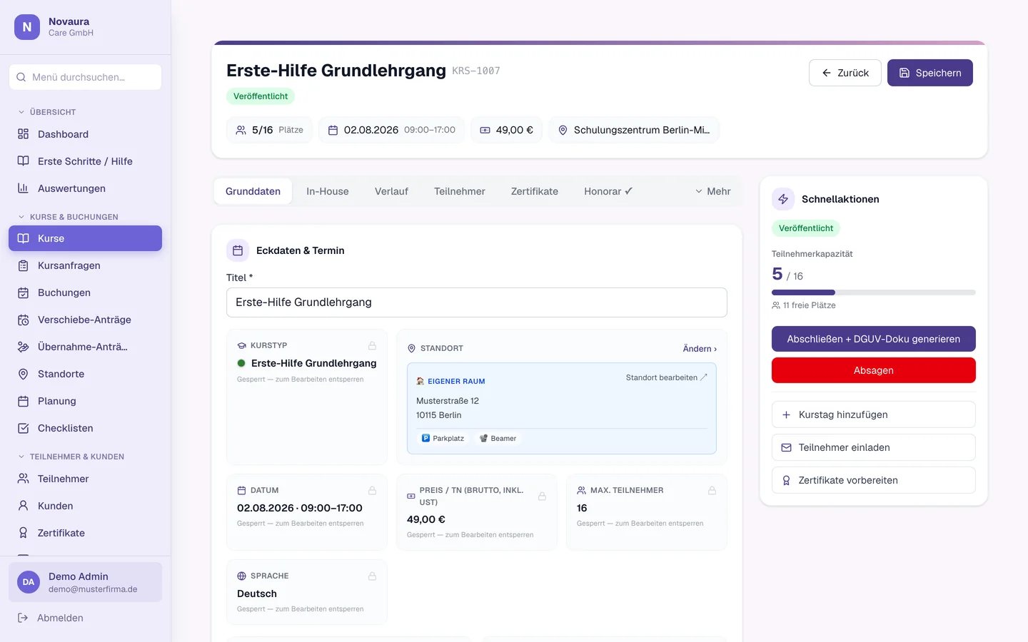 Kursdetail „Erste-Hilfe Grundlehrgang" mit Eckdaten, Standort, Preis und Schnellaktionen