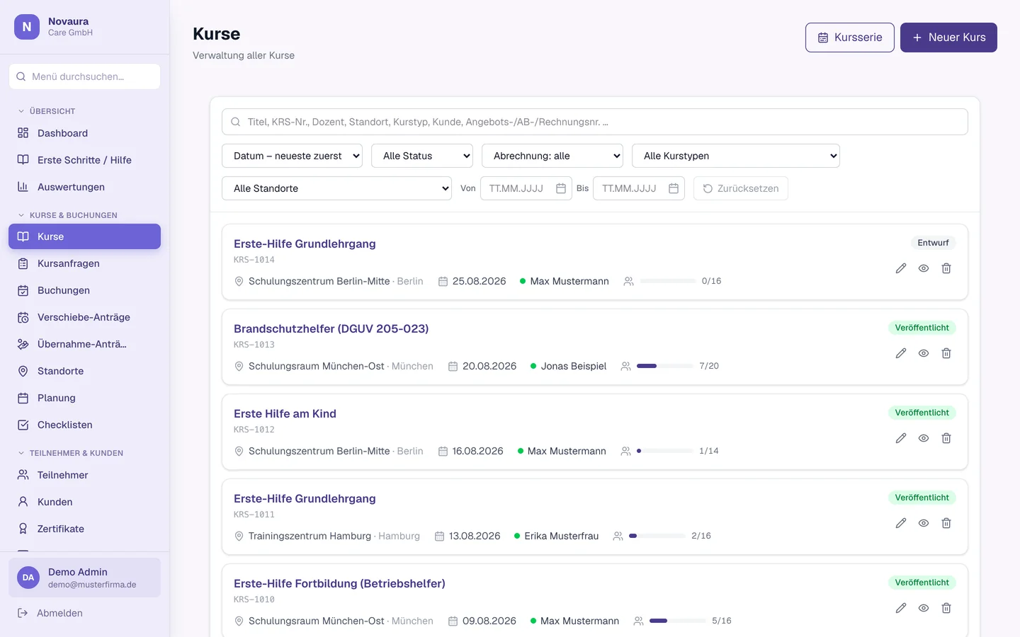 Kursliste mit Terminen, Standorten, Dozenten und Buchungsstand