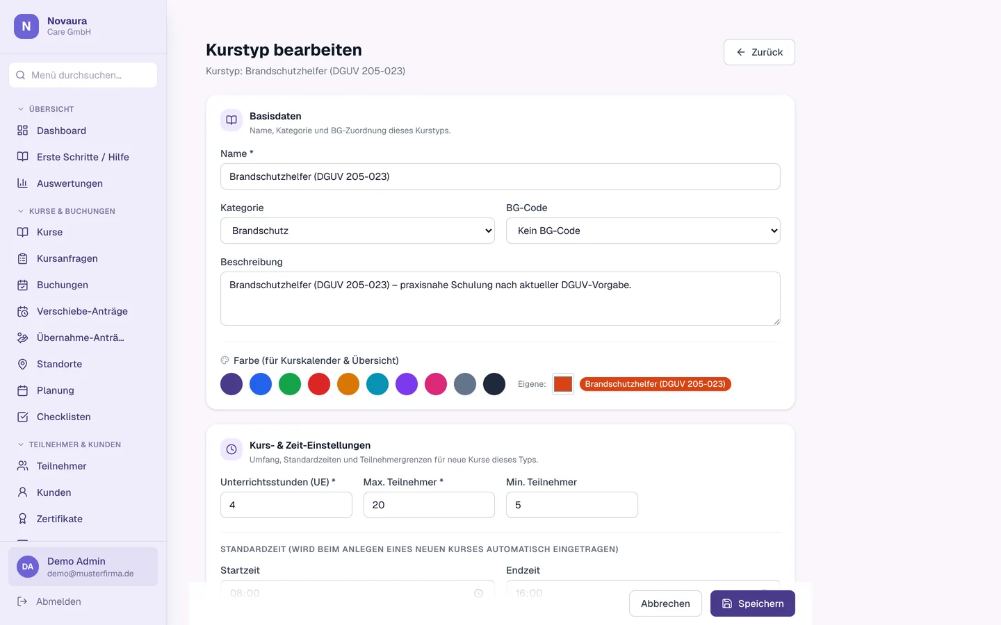 Kurstypen: Eigene Kursarten mit Dauer, Farbe und BG-Code anlegen.
