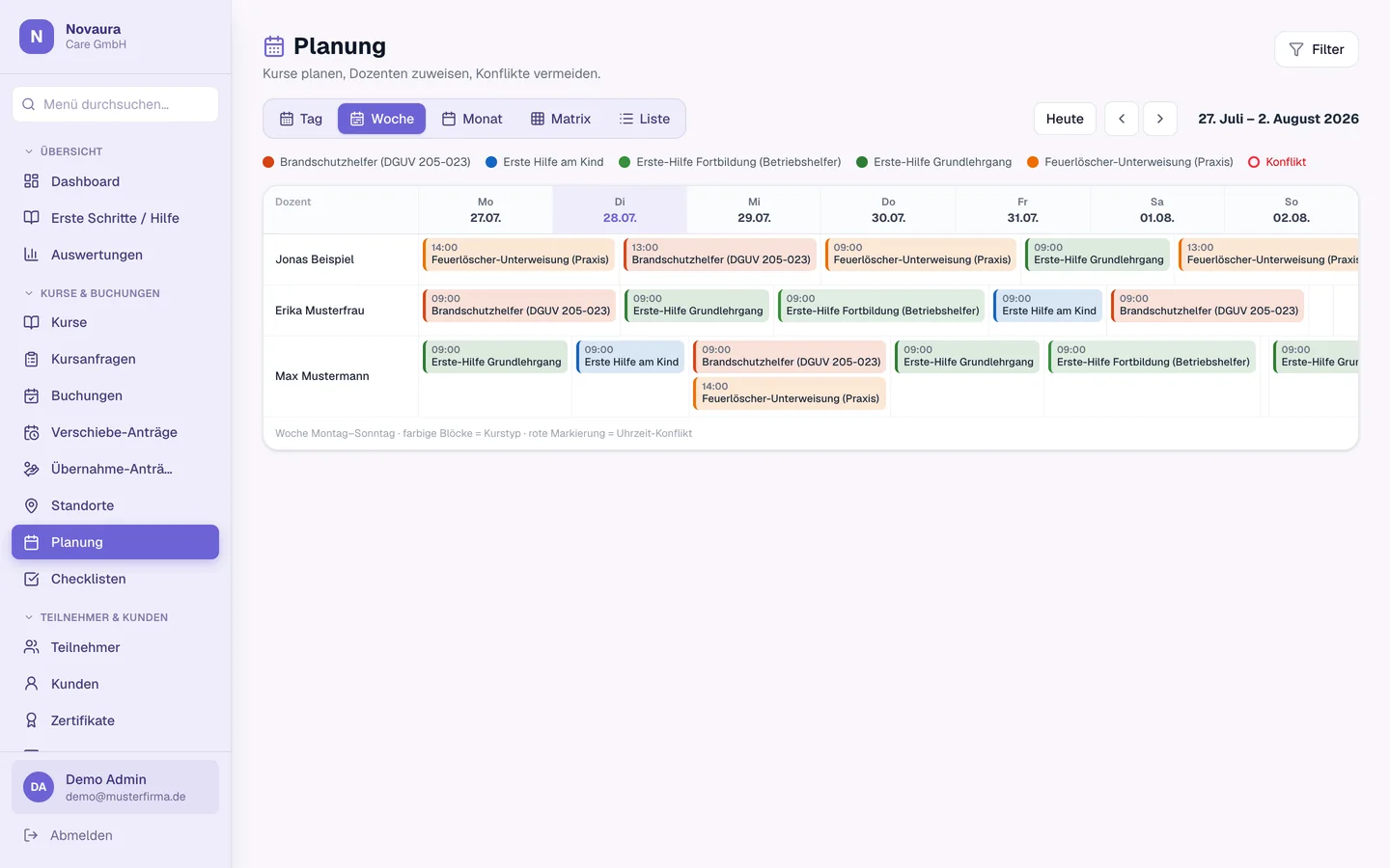 Planung: Kalender über alle Kurse, Dozenten und Standorte.