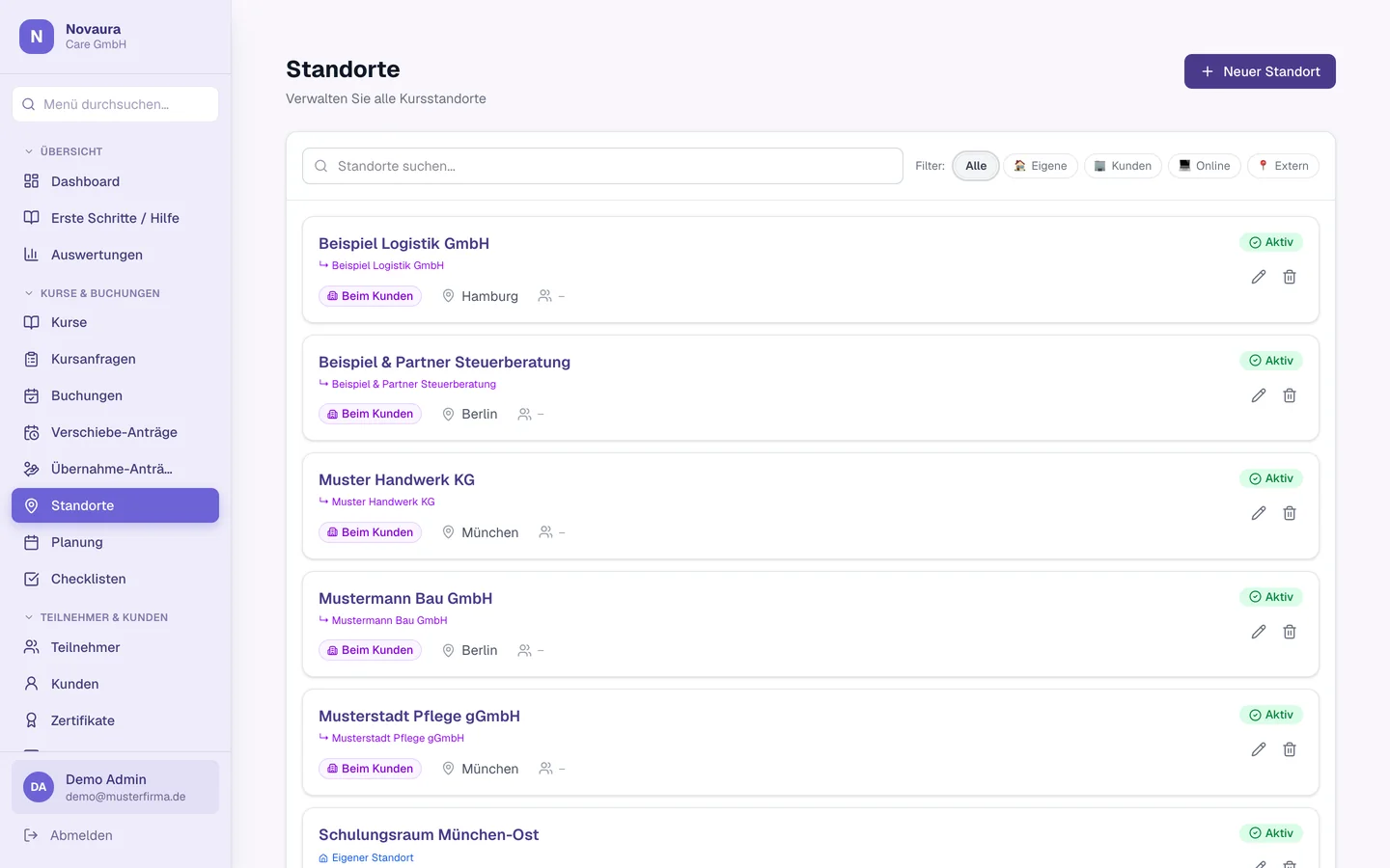 Standorte: Eigene Räume und Kundenstandorte für In-house-Kurse.