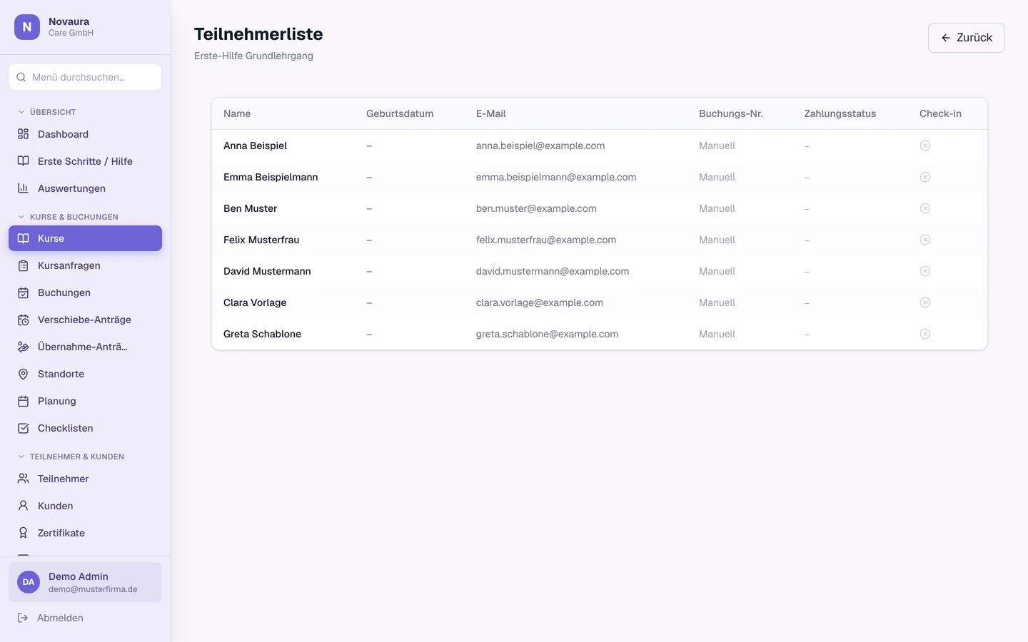 Teilnehmerliste: Check-in am Kurstag, direkt vom Tablet.